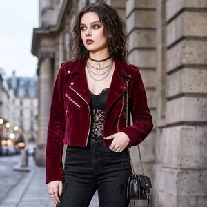 Understated Leather Moto Jacket Women Small Burgundy Velvet Biker Cropped Edgy